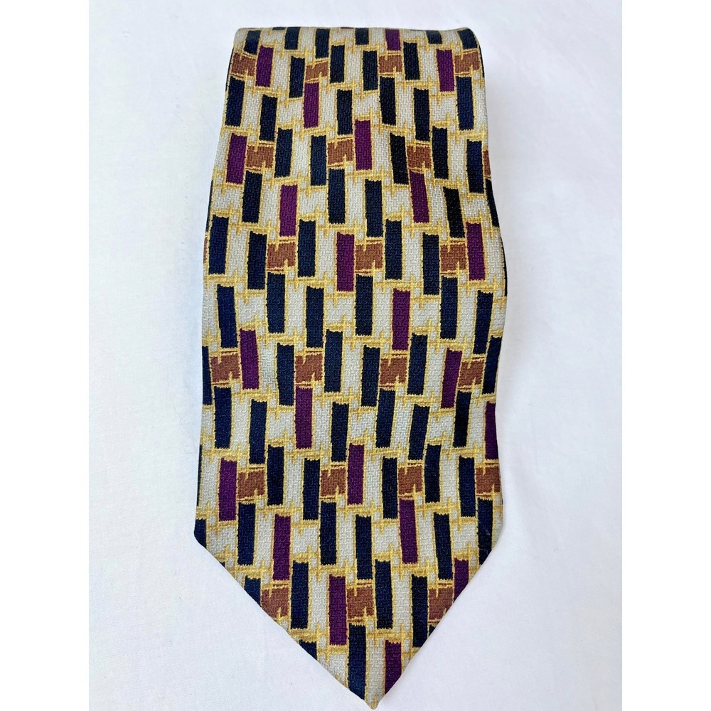 Bellinzona Mens Silk Tie Geometric Pattern‎ Burgundy Gold Black Retro Vintage
